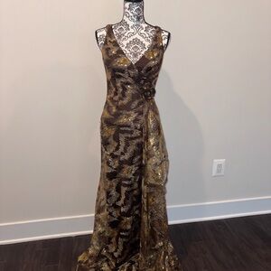 Badgley Mischka Gold and Brown Formal Dress